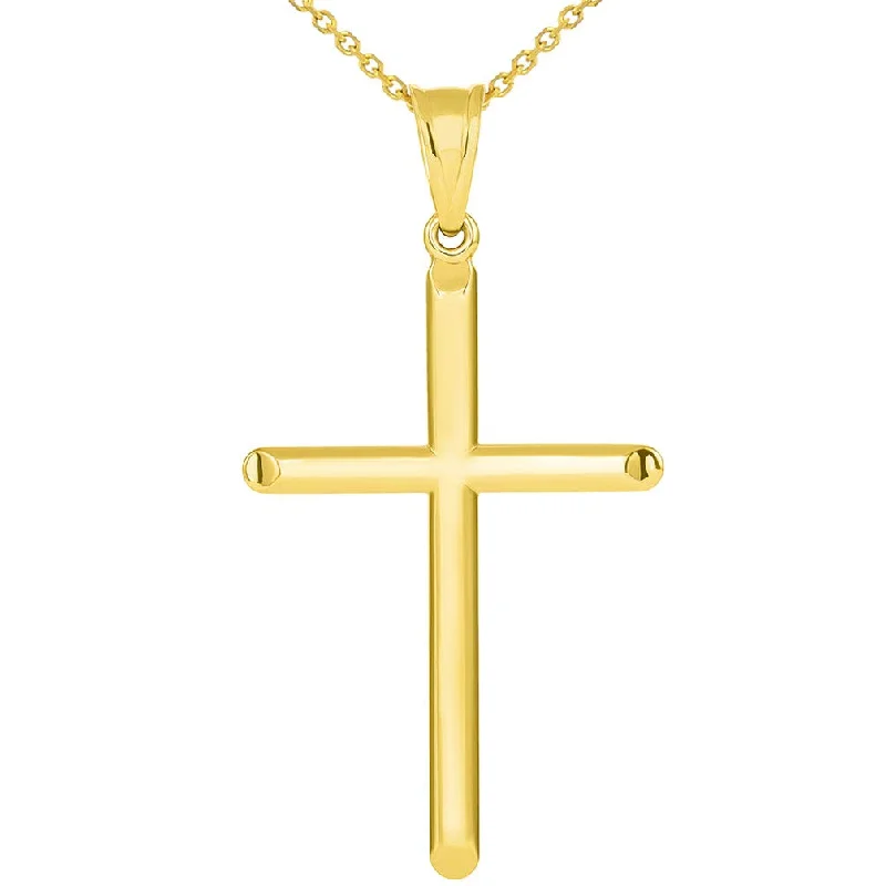 14k Yellow Gold Large Religious Tube Cross Pendant Necklace