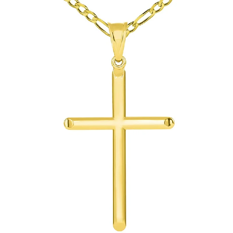 14k Yellow Gold Large Religious Tube Cross Pendant with Figaro Necklace