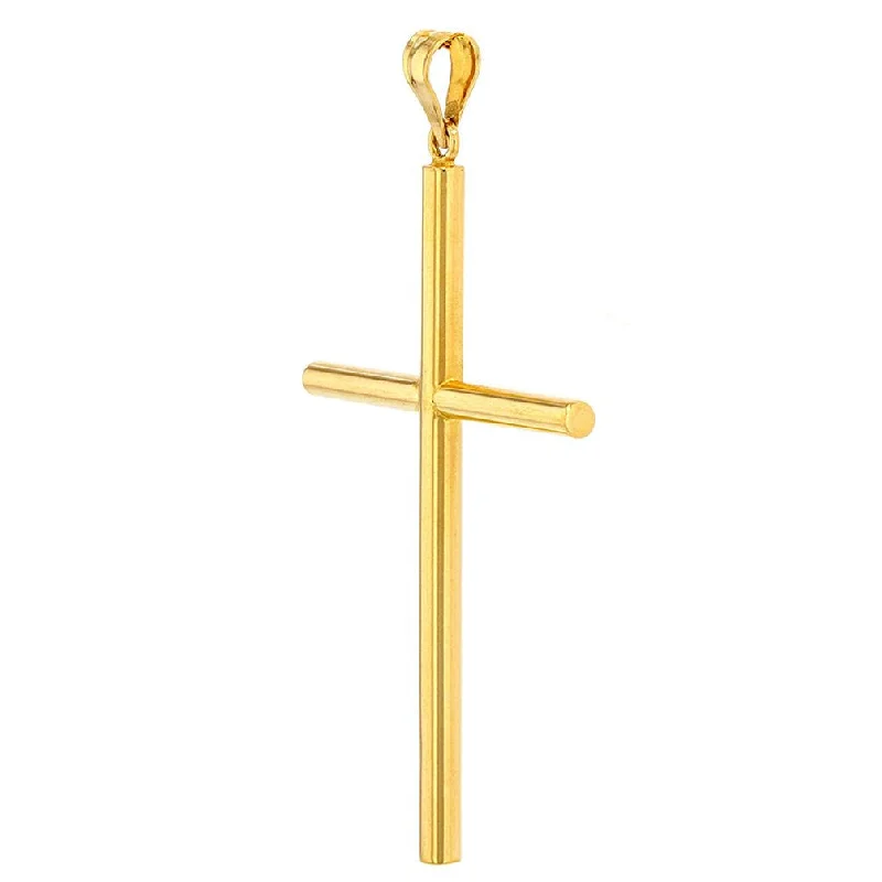 14K Yellow Gold Polished Large Plain Tube Cross Pendant with Figaro Chain Necklace