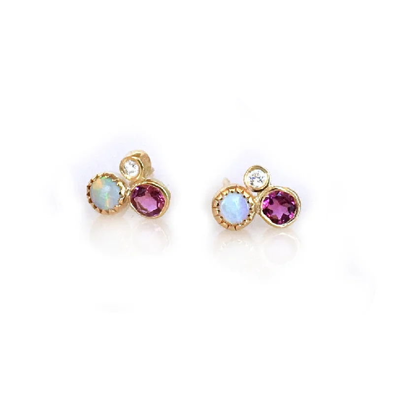 14kt Gold Opal, Diamond and Pink Tourmaline Cluster Studs