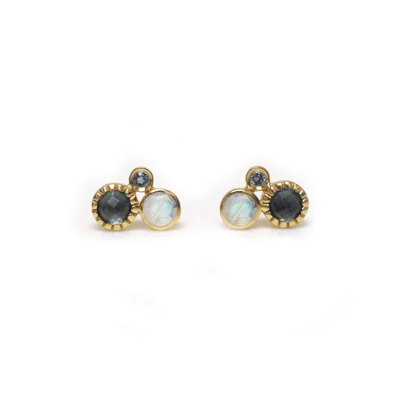 14kt Gold Rainbow Moonstone, London Blue Topaz and Aquamarine Cluster Studs