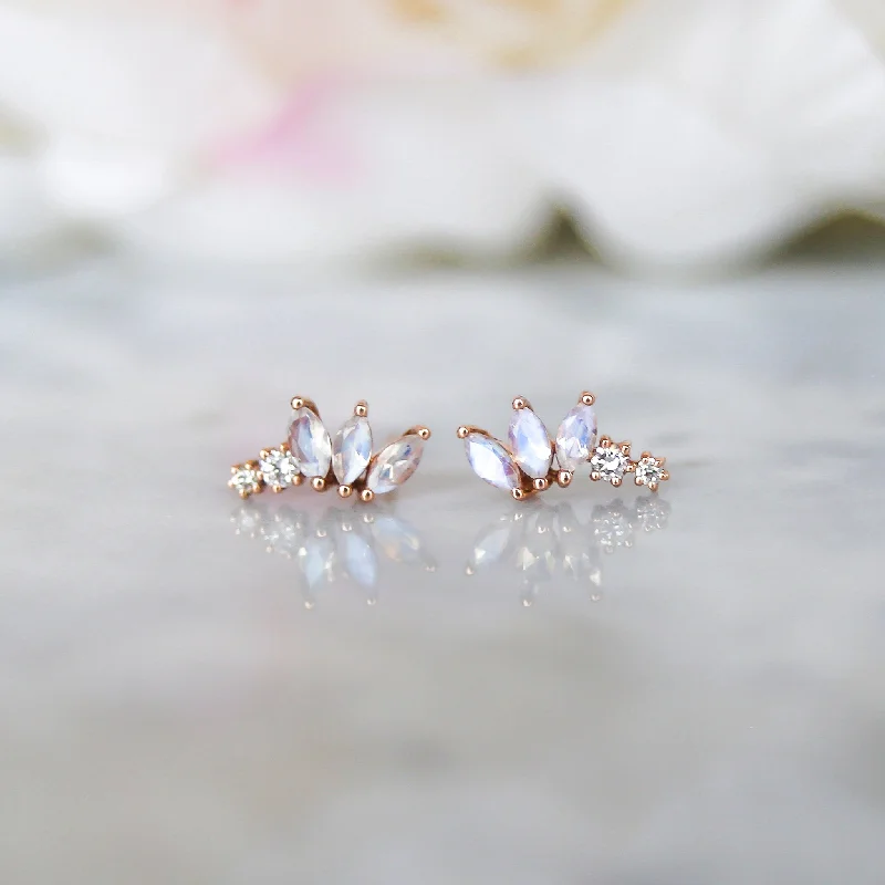 14kt Rose Gold Rainbow Moonstone & Diamond Twinkling Lotus Studs