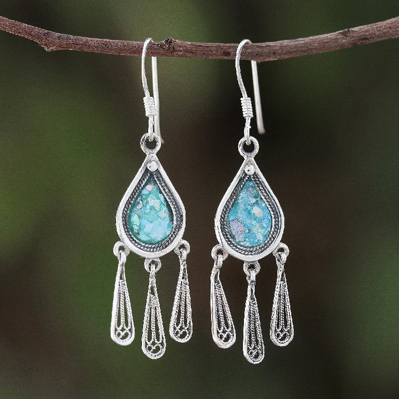 Ancient Rain Drop-Shaped Roman Glass Chandelier Earrings from Thailand