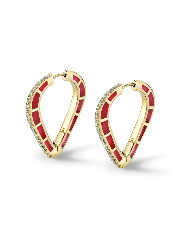 Cobra, 18K Yellow Gold, Red Enamel + Diamond Hoop Earrings