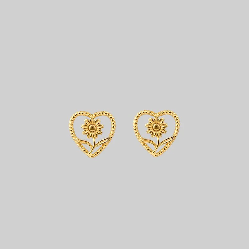 APRIL. Sunflower Heart Stud Earrings - Gold