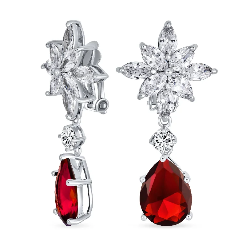 Bridal Art Deco Cluster Floral CZ Teardrop Chandelier Clip-On Earrings RubyOnyx