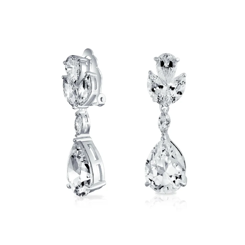 Bridal CZ Teardrop Dangle Clip-On Earrings for Prom Silver Plated Brass