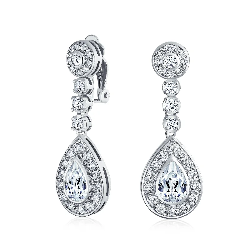 Bridal Teardrop Halo Clip-On Earrings with Cubic Zirconia in Gold or Silver