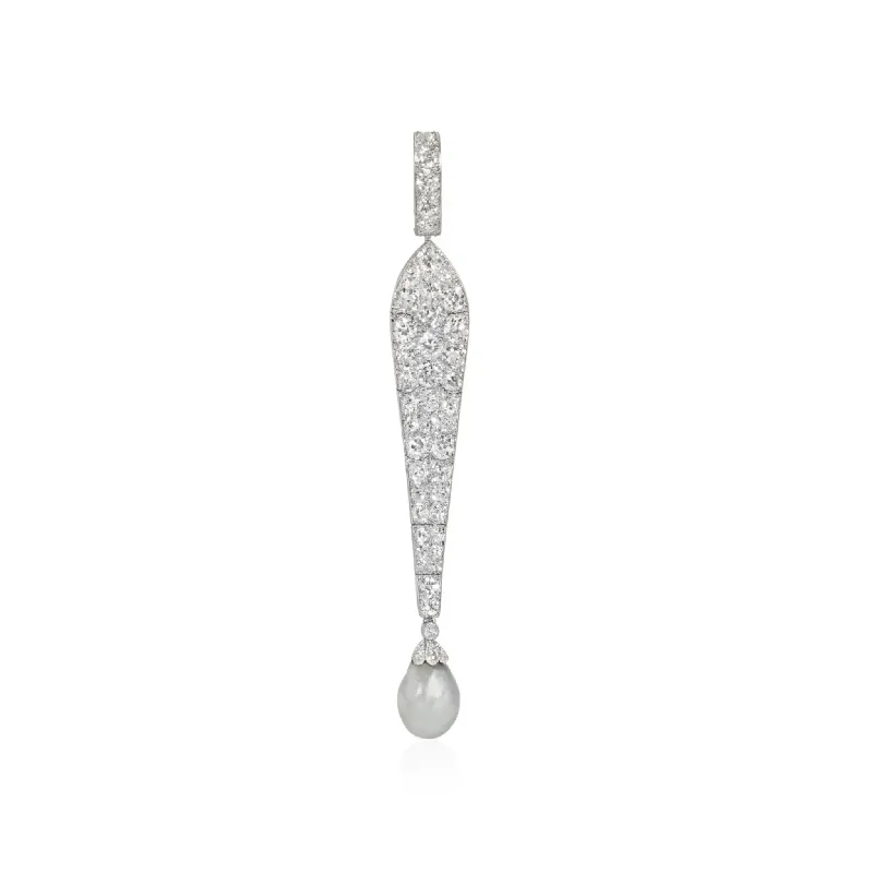 Cartier France Art Deco Platinum Diamond & Natural Pearl Pendant