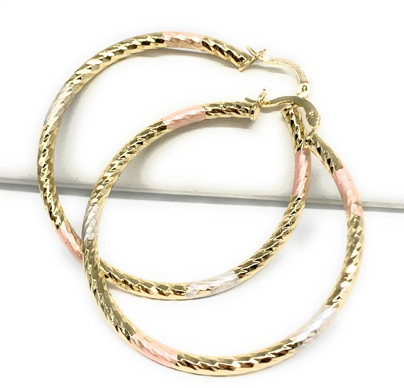 Gold Plated Tri-Color Tube Hoop Earrings Aretes Tubo Arracada Tres Colores