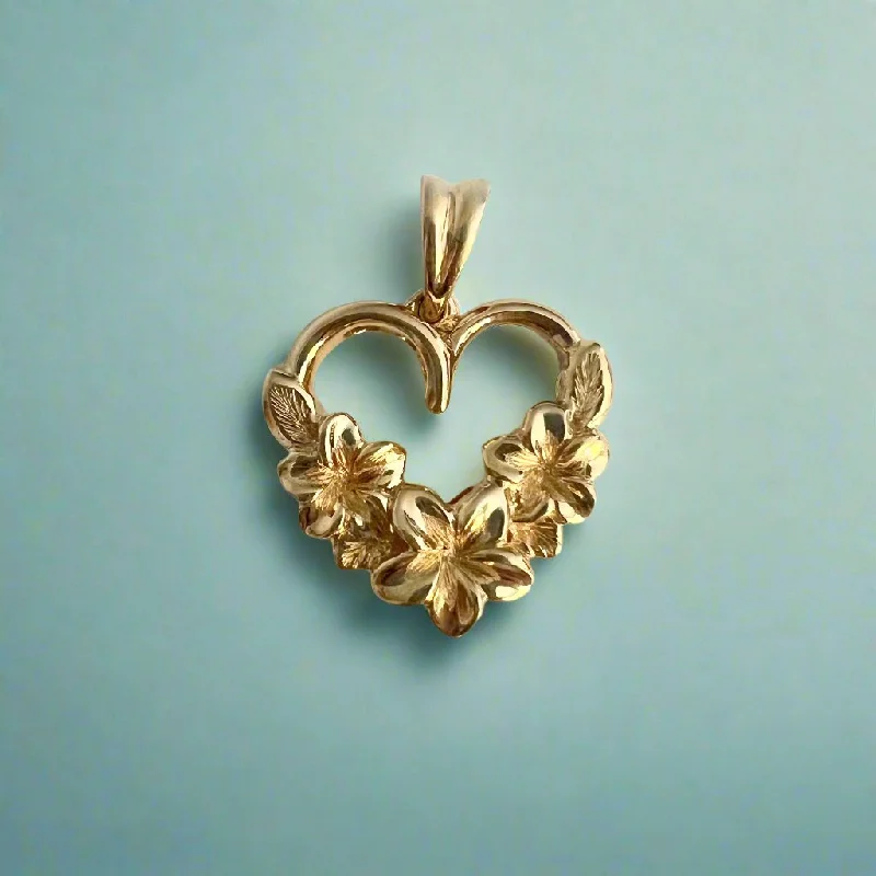 Three Plumeria Heart Pendant in 14K Gold [small, medium or large]