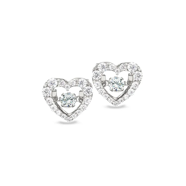 Platinum Finish Sterling Silver Micropave Dancing Stone Heart Earrings with Simulated Diamonds