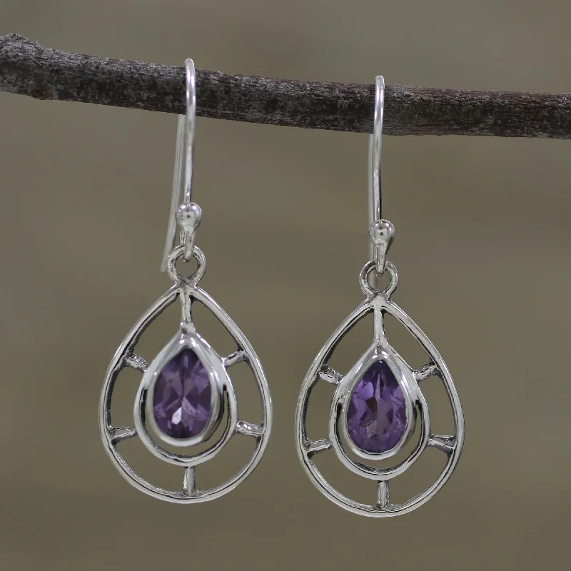 Droplet Spokes Faceted Amethyst Droplet Dangle Earrings from India