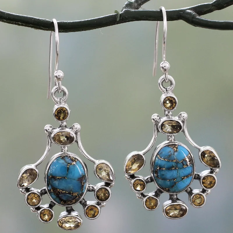 Droplets of Sunshine Sterling Silver Citrine Earrings with Composite Turquoise