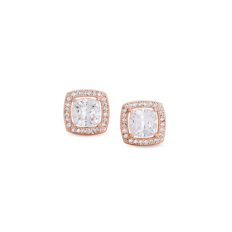 Rose Gold Finish Sterling Silver Micropave Cushion Cut Earrings with 50 Simulated Diamonds