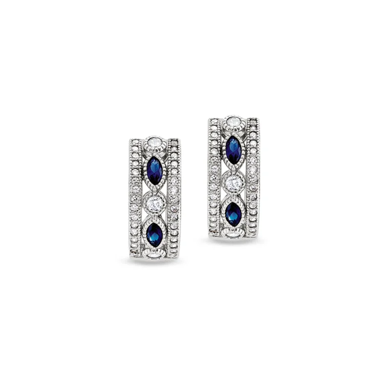 Platinum Finish Sterling Silver Micropave Vintage Huggie Earrings with Synthetic Blue Sapphire & 70 Simulated Diamonds