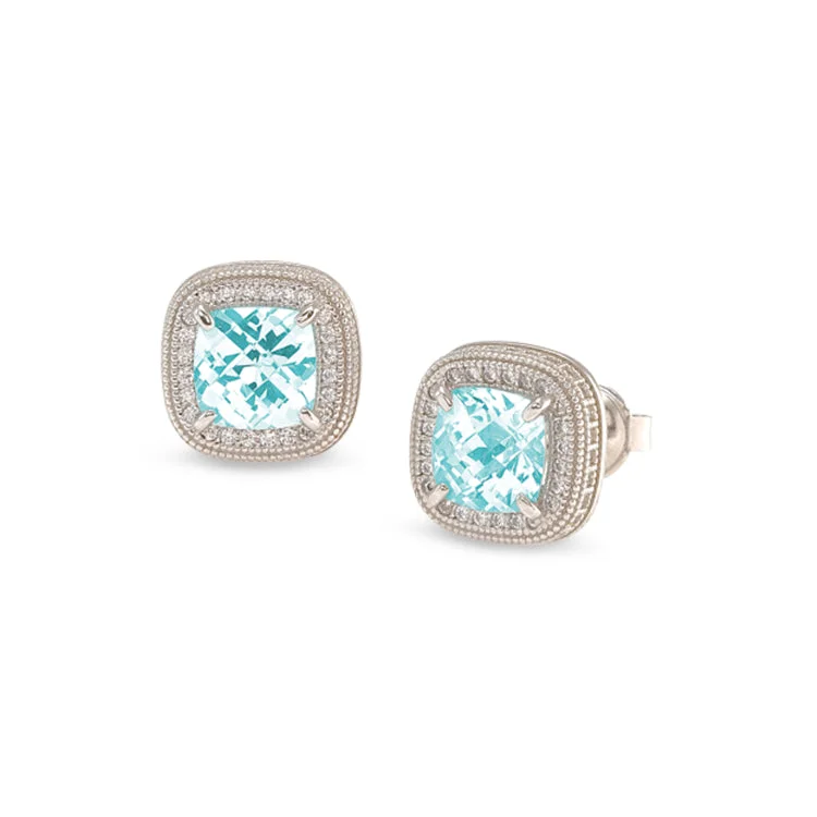 Platinum Finish Sterling Silver Micropave Earrings with Simulated Aquamarine and Simulated Diamonds