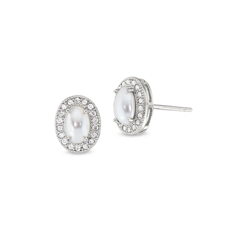 Platinum Finish Sterling Silver Micropave Cabochon Cut Pearl Earrings with Simulated Diamonds