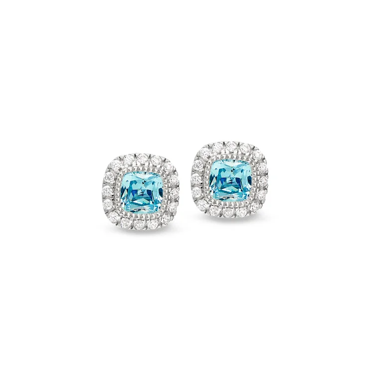 Platinum Finish Sterling Silver Micropave Simulated Aqua Marine Earrings with Simulated Diamonds