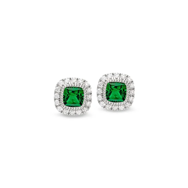 Platinum Finish Sterling Silver Micropave Simulated Emerald Earrings with Simulated Diamonds