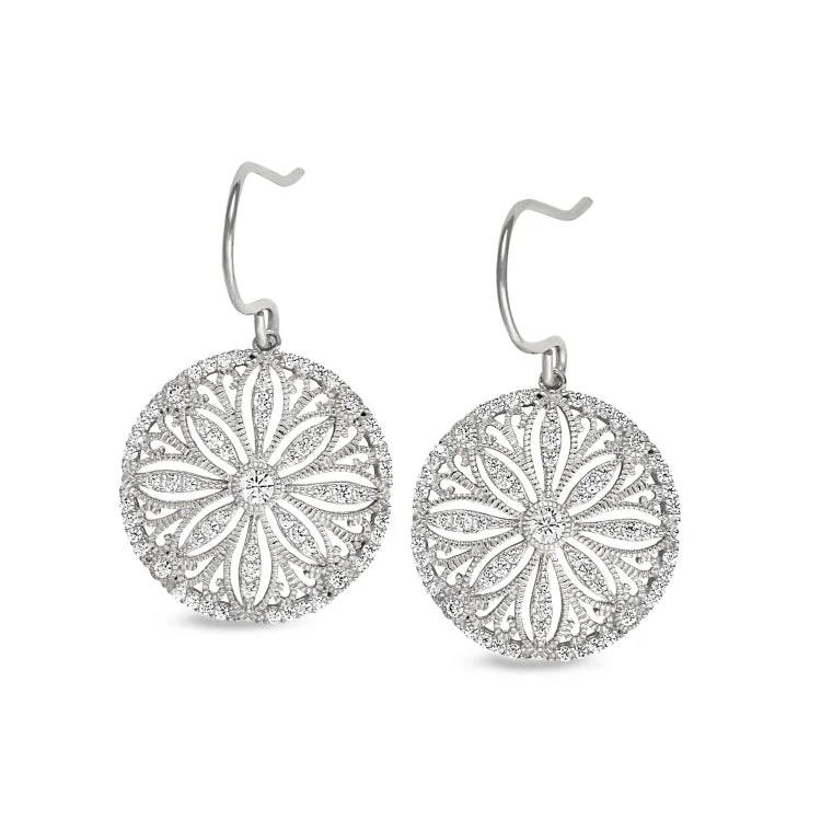 Platinum Finish Sterling Silver Micropave Vintage Sand Dollar Earrings with Simulated Diamonds