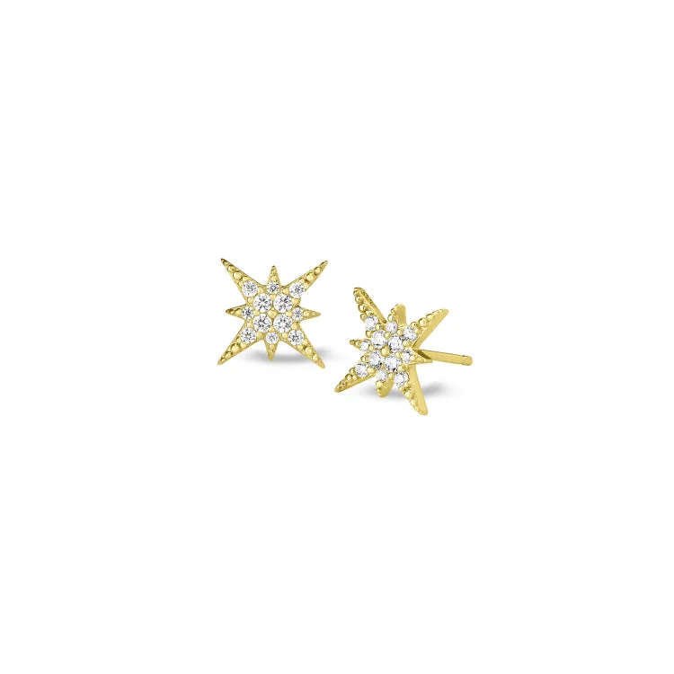 Gold Finish Sterling Silver Micropave Starburst Earrings with Simulated Diamonds