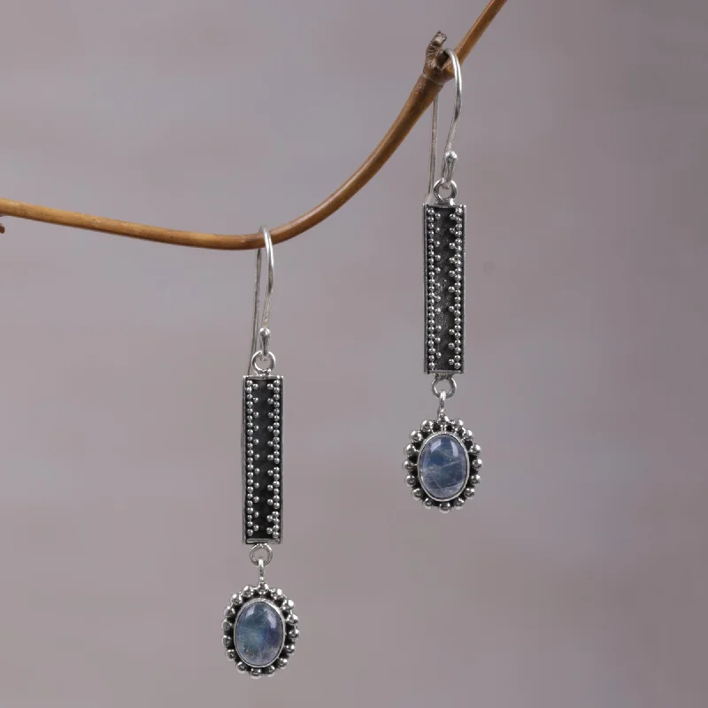 Falling Rainbow Drops Hand Crafted  Rainbow Moonstone Dangle Earrings from Bali