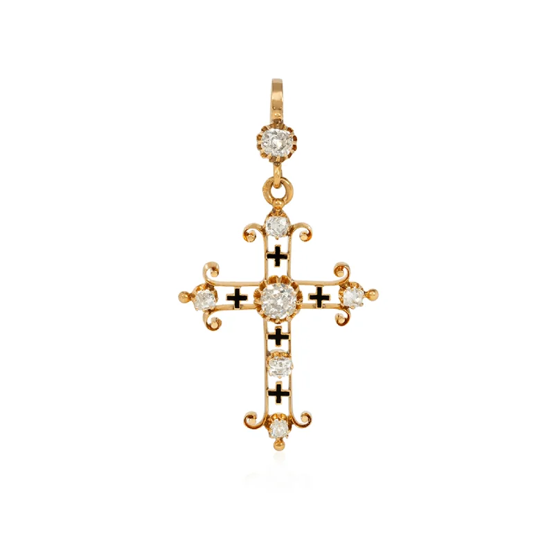 French Antique 18KT Yellow Gold Diamond & Enamel Cross Pendant