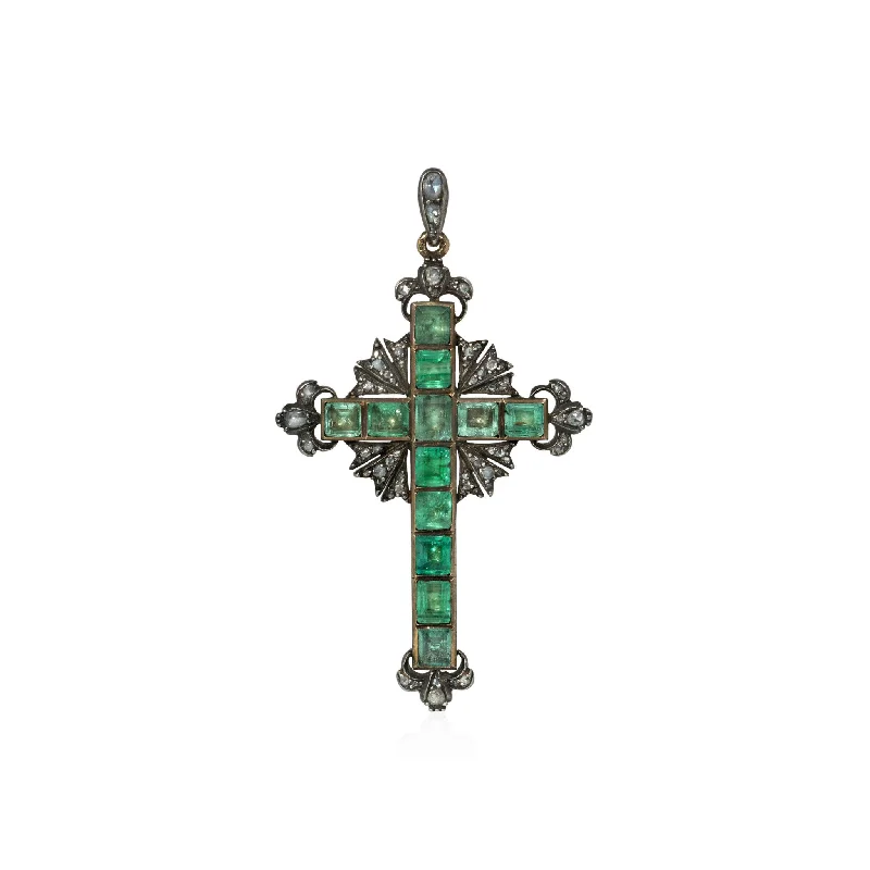 French Georgian Silver & 18KT Yellow Gold Diamond & Emerald Cross Pendant