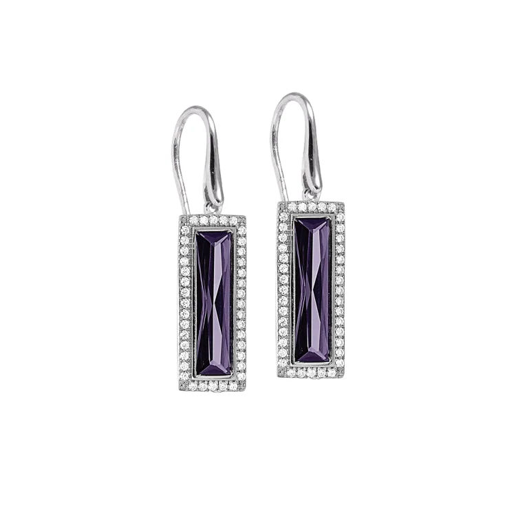 Gold Finish Sterling Silver Earrings with Rectangular Simulated Amethyst Stones and Simulated Diamonds