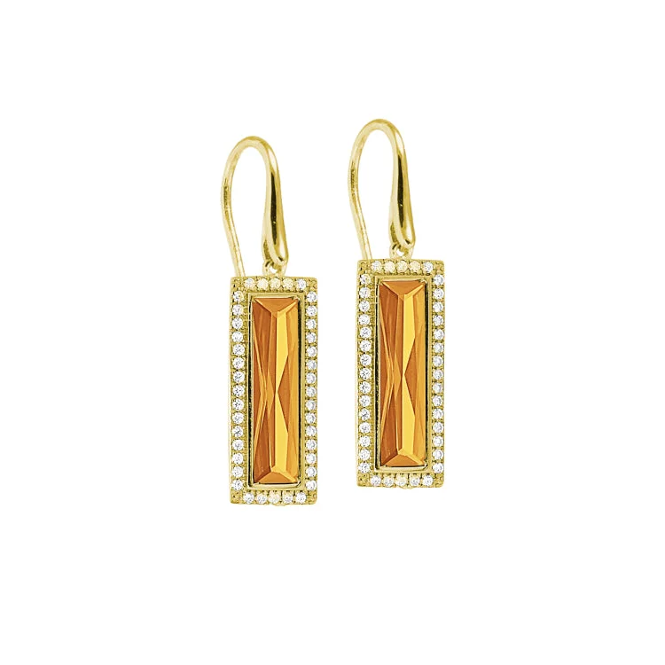 Gold Finish Sterling Silver Earrings with Rectangular Simulated Citrine Stones and Simulated Diamonds