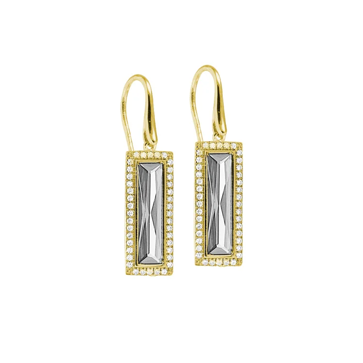 Gold Finish Sterling Silver Earrings with Rectangular Simulated Diamond Stones and Simulated Diamonds