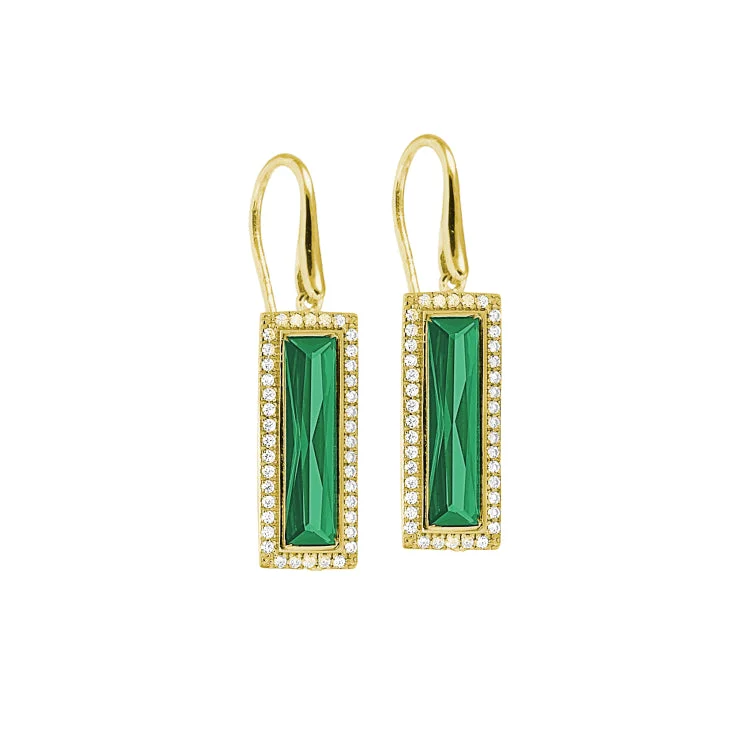 Gold Finish Sterling Silver Earrings with Rectangular Simulated Emerald Stones and Simulated Diamonds