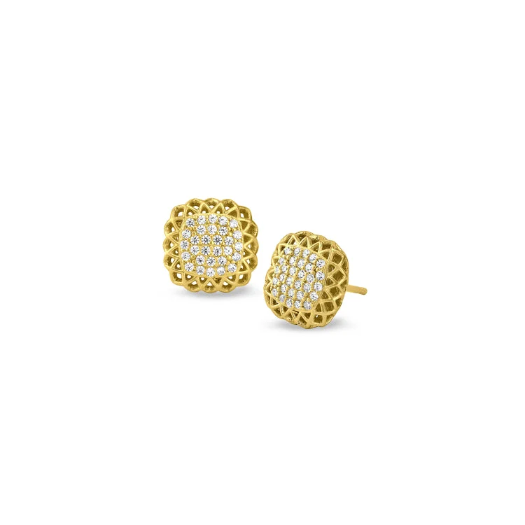 Gold Finish Sterling Silver Micropave Pillow with Filigree Edge Earrings with Simulated Diamonds