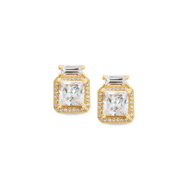 Gold Finish Sterling Silver Micropave Princess Cut Earrings with 52 Simulated Diamonds