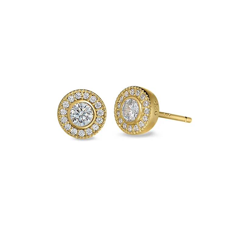 Gold Finish Sterling Silver Micropave Round Simulated Diamond Earrings with Simulated Diamonds