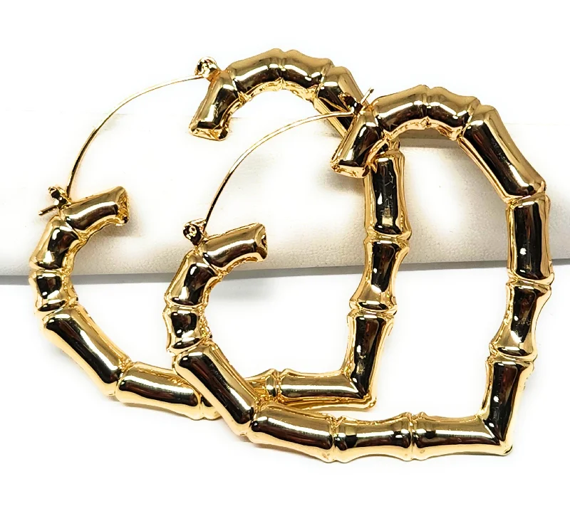 Gold Plated Bamboo Heart Hoop Earrings Aretes Arracadas (2.5 INCH)