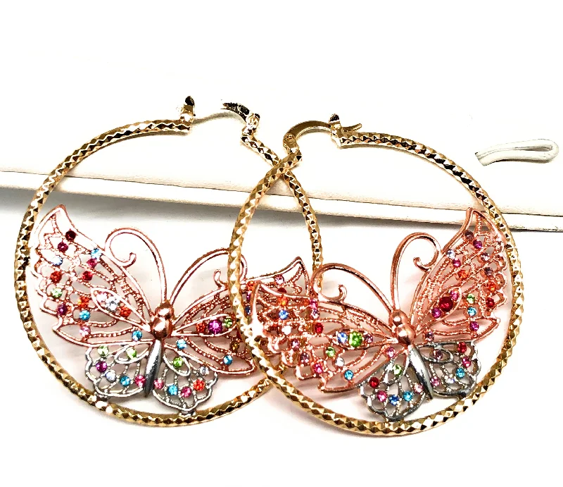 Gold Plated Butterfly Hoop Earrings  Mariposa Aretes Arracadas