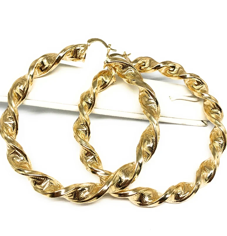 Gold Plated Classic Twist Hoop Earrings Aretes Arracadas (2.5 INCH)