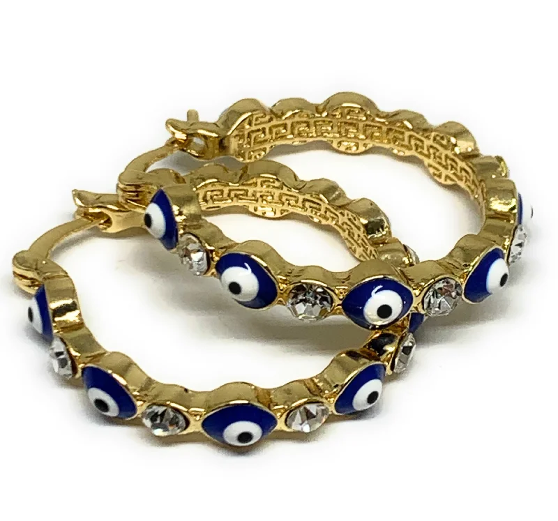 Gold Plated Evil Eye BLUE Hoop Earrings Aretes Arracadas (1.25 INCH)