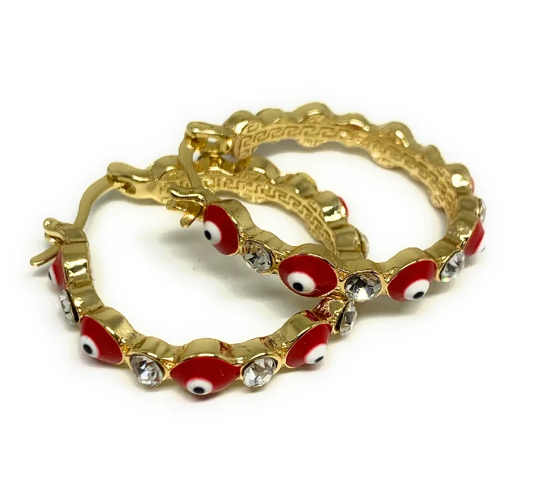 Gold Plated Evil Eye RED Hoop Earrings Aretes Arracadas (1.25 INCH)