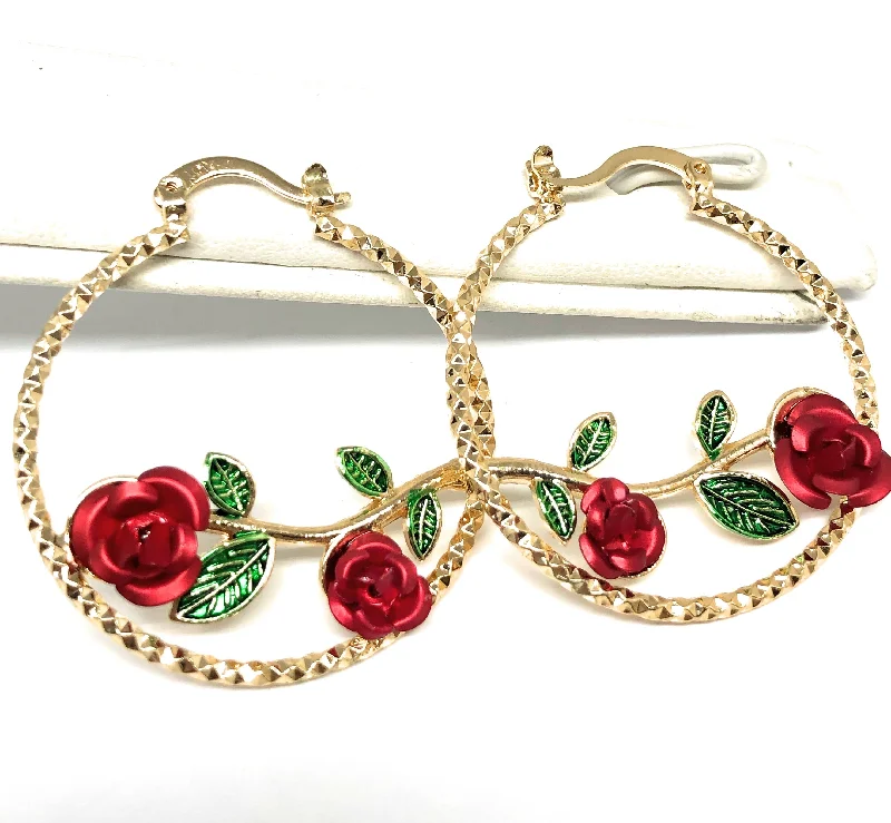 Gold Plated Rose Flower Hoop Earrings Flor Aretes Arracadas (1 INCH)