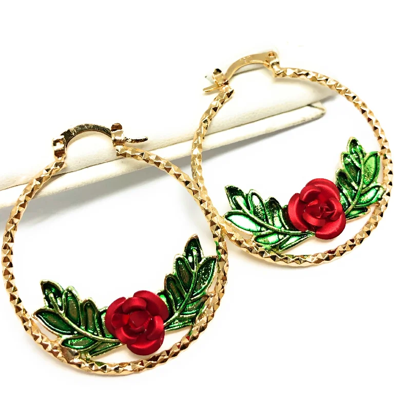 Gold Plated Rose Flower Hoop Earrings Flor Aretes Arracadas (1 INCH)