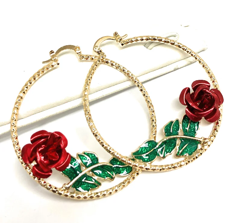 Gold Plated Rose Flower Hoop Earrings Flor Aretes Arracadas (2 INCH)