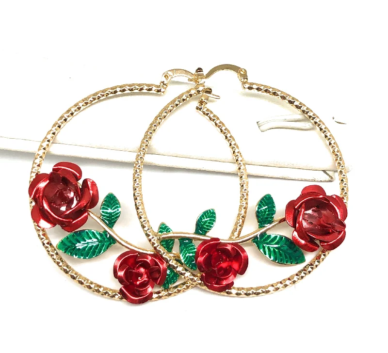 Gold Plated Rose Flower Hoop Earrings Flor Aretes Arracadas