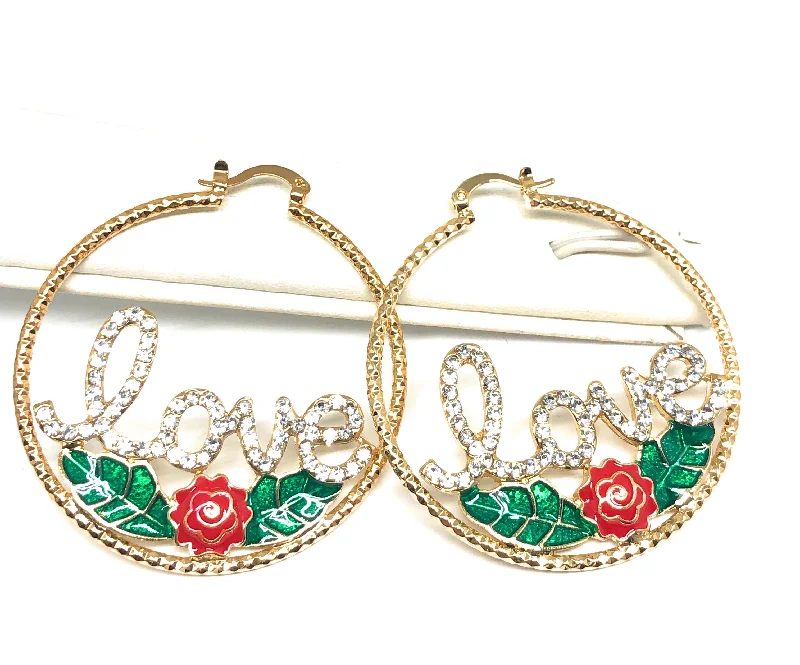 Gold Plated Rose Flower "LOVE" Hoop Earrings Flor Aretes Arracadas