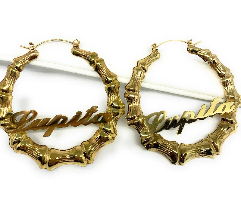 Gold Plated Silver Bamboo Hollow Hoop CUSTOMIZED NAME Earrings Aretes Arracadas (2.5 INCH)