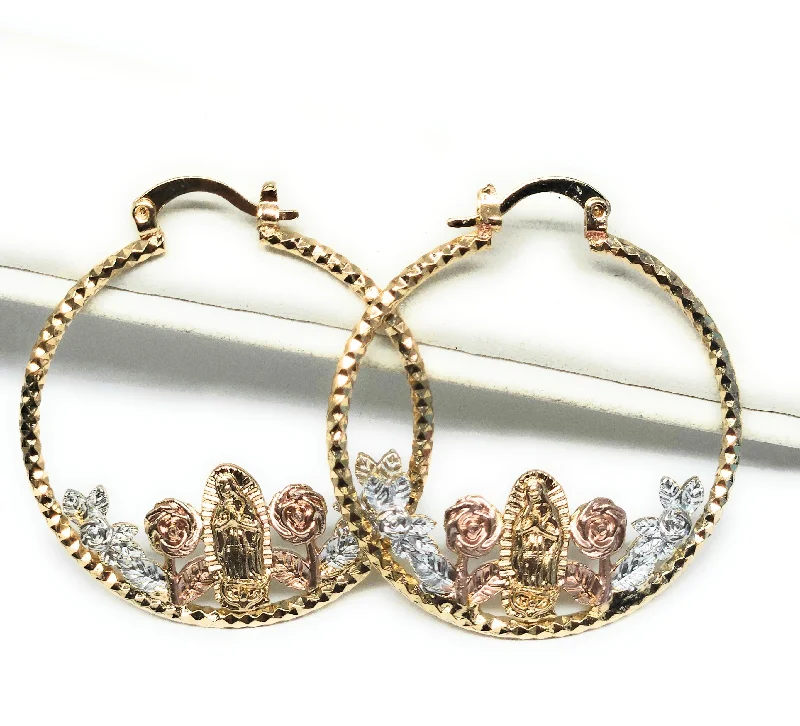 Gold Plated Tri Color Virgin Mary Flower Hoop 1 INCH Earrings Virgen Guadalupe Aretes Arracadas