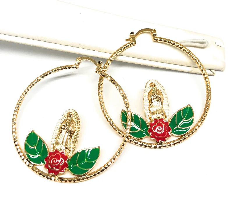 Gold Plated Tri Color Virgin Mary Flower Hoop Earrings Virgen Guadalupe Aretes Arracadas