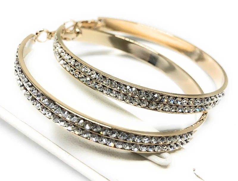 Gold Plated Yellow Double Hoop Earrings CZ Stones Aretes Arracadas